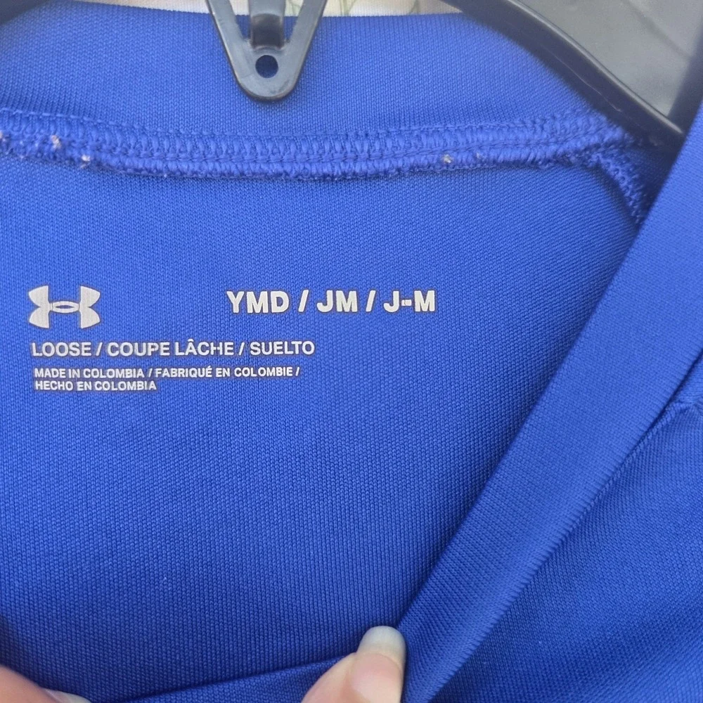 Under Armour Boys Shirt Youth Medium YMD Royal Blue Short‎ Sleeve Big LogoLoose